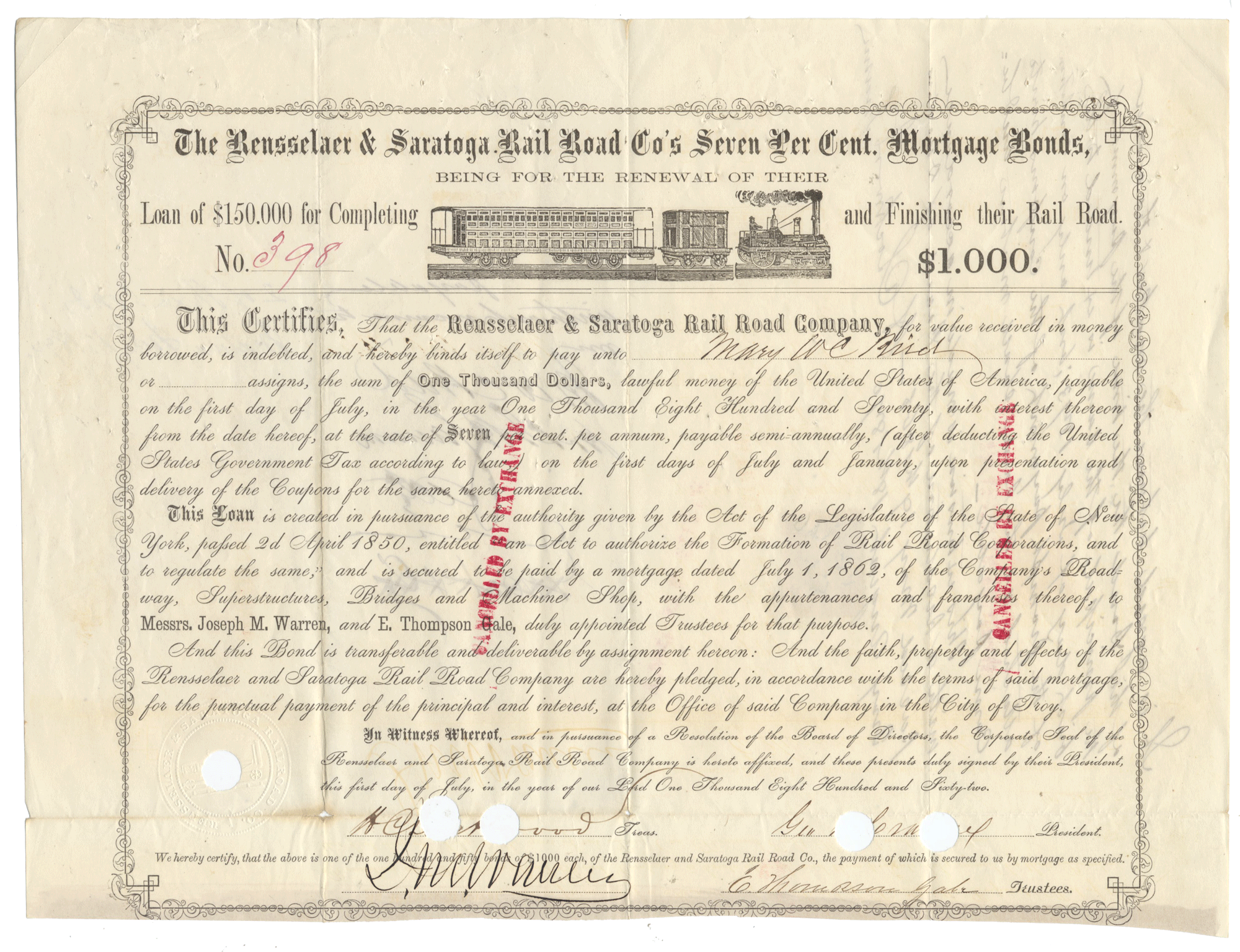 Historical railroad bond certificate from the Rensselaer & Saratoga Railroad Company from 1862