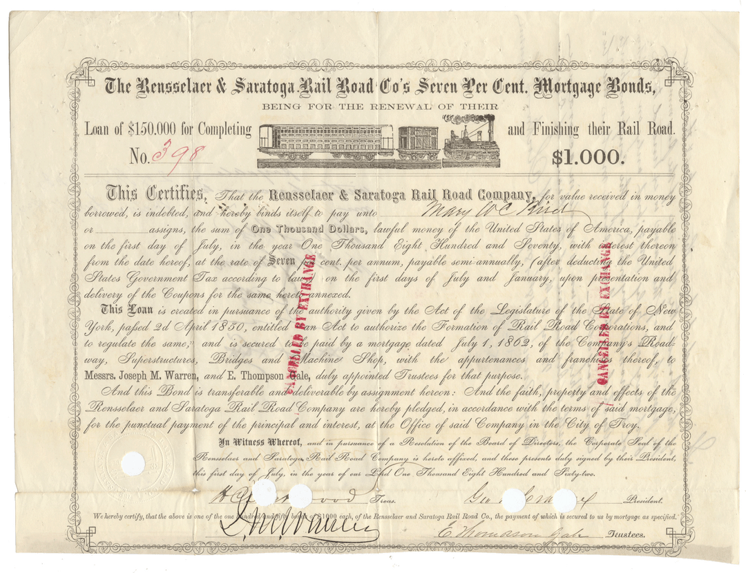 Historical railroad bond certificate from the Rensselaer & Saratoga Railroad Company from 1862