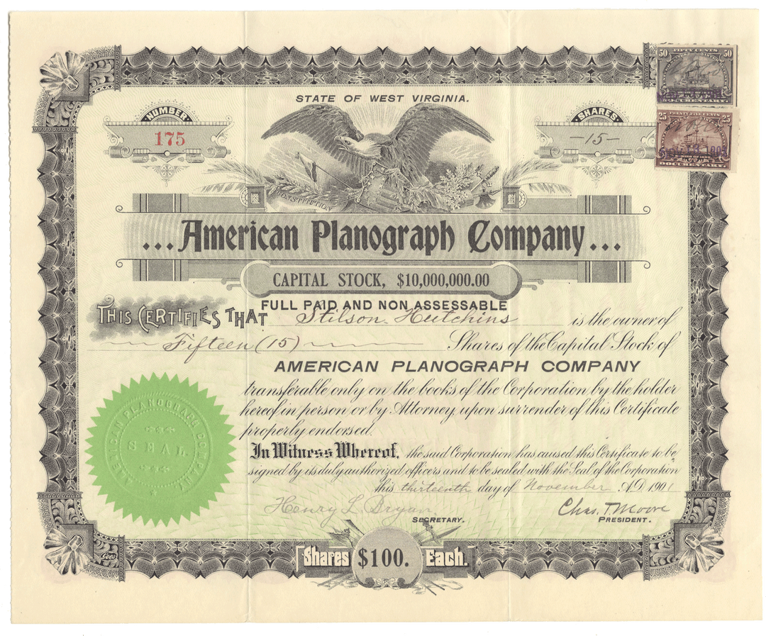 Vintage stock certificate of the American Planograph Company with an eagle emblem.