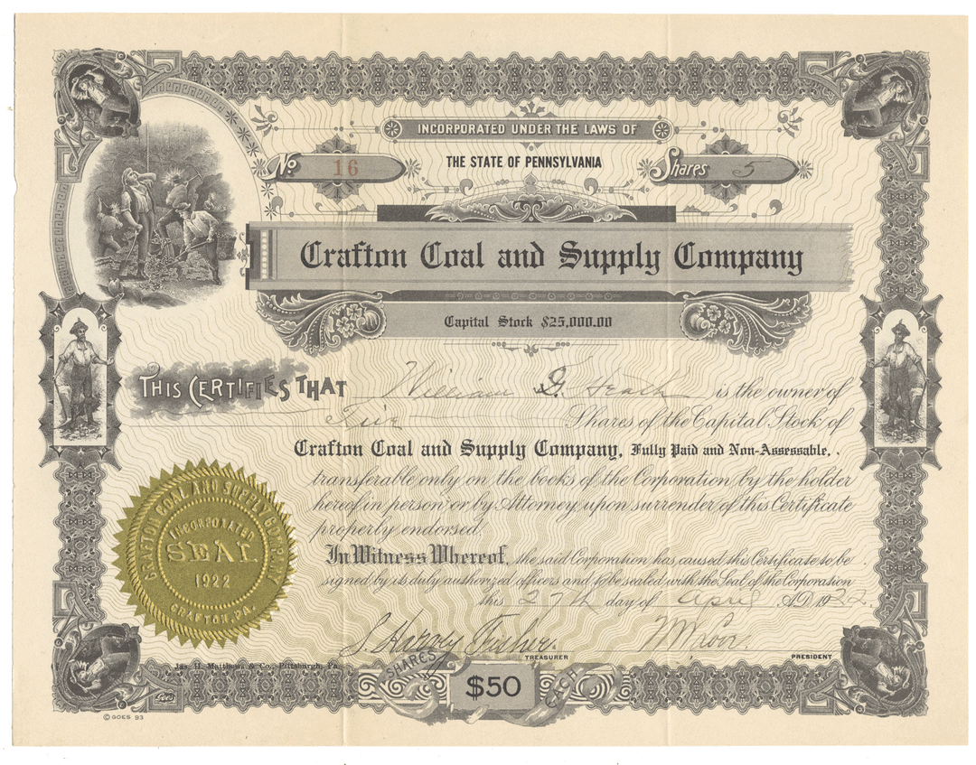 Vintage stock certificate for Crafton Coal and Supply Company with decorative elements from 1922