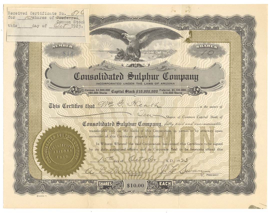 Consiolidated Sulphur Company Stock Certificate