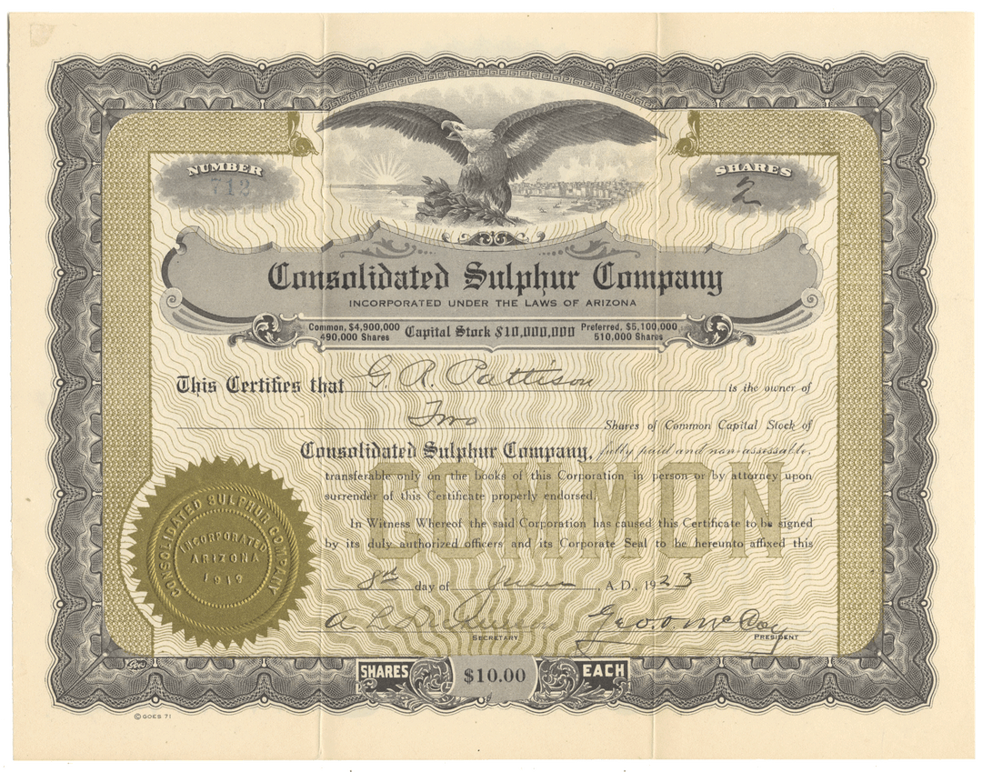 Vintage stock certificate of the Consolidated Sulfur Company with an eagle emblem.