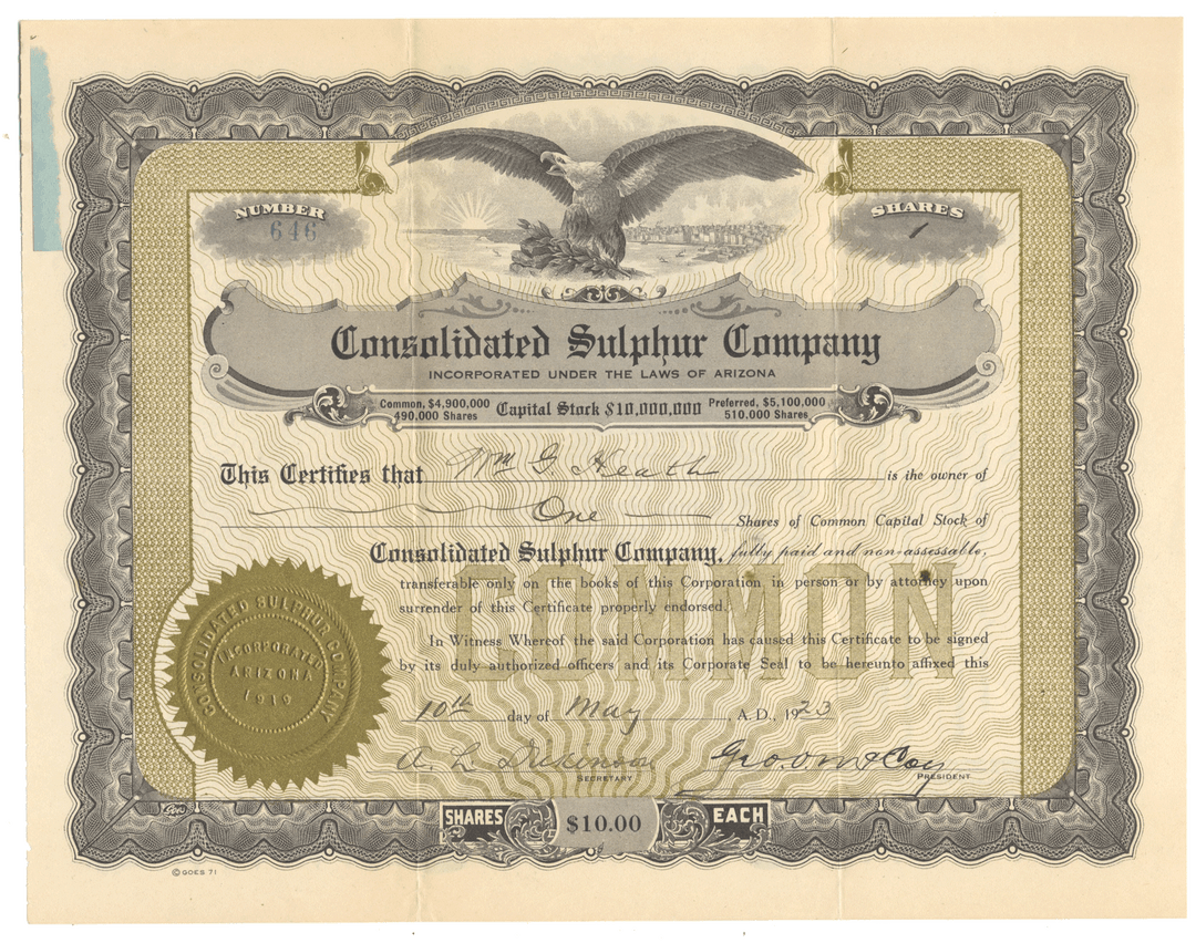 Vintage stock certificate of the Consolidated Sulfur Company with an eagle emblem.