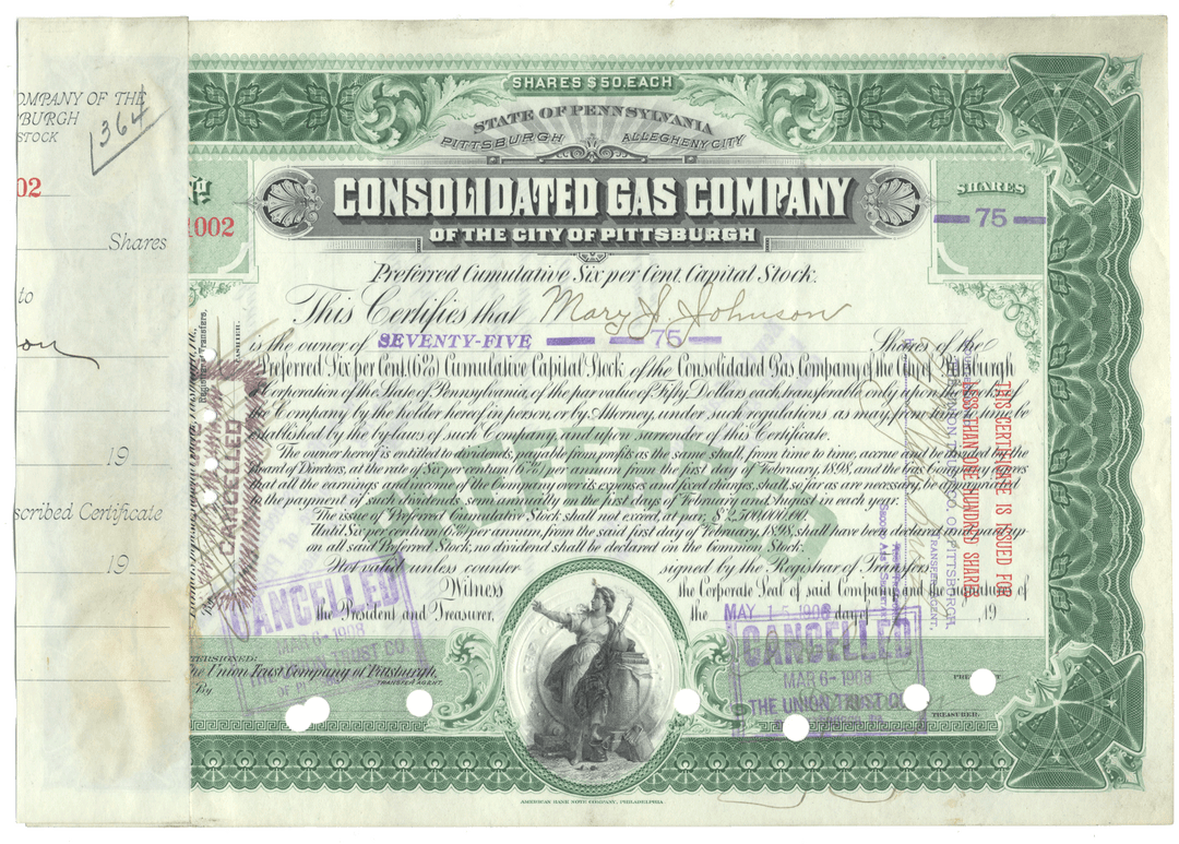 Consolidated Gas Company stock certificate from the City of Pittsburgh