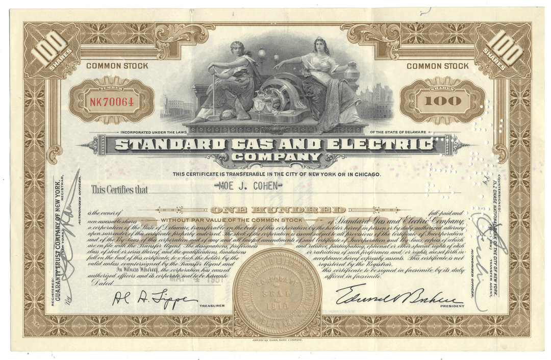 Vintage stock certificate for Standard Gas and Electric Company from 1951
