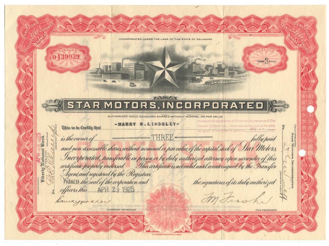 Vintage stock certificate for Star Motors, Incorporated from 1925