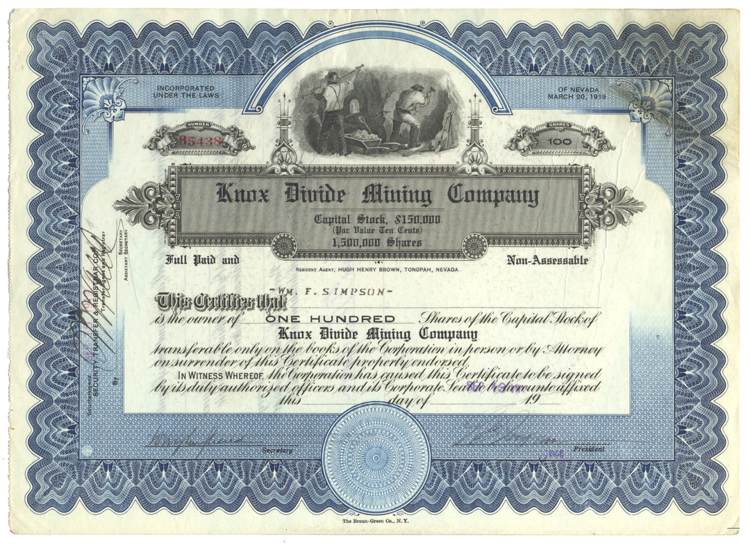 Knox Divide Mining Company Stock Certificate