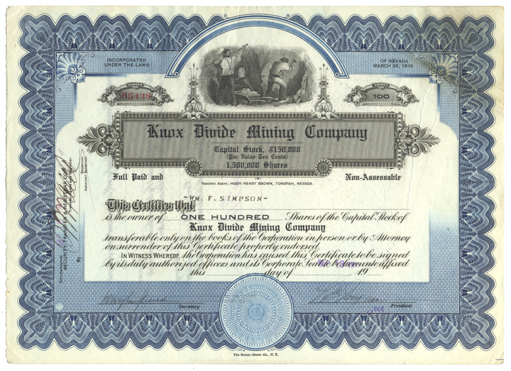 Knox Divide Mining Company Stock Certificate