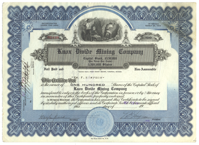 Knox Divide Mining Company Stock Certificate