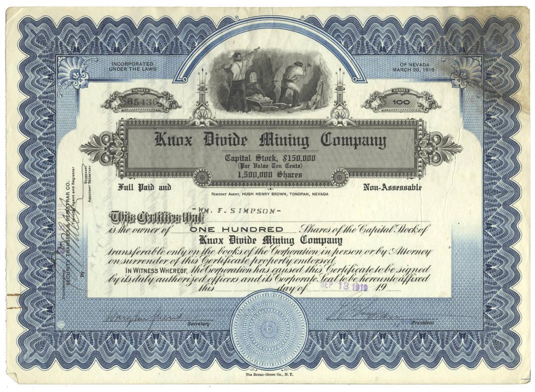 Vintage stock certificate for the Animas Divide Mining Company with decorative elements from 1919