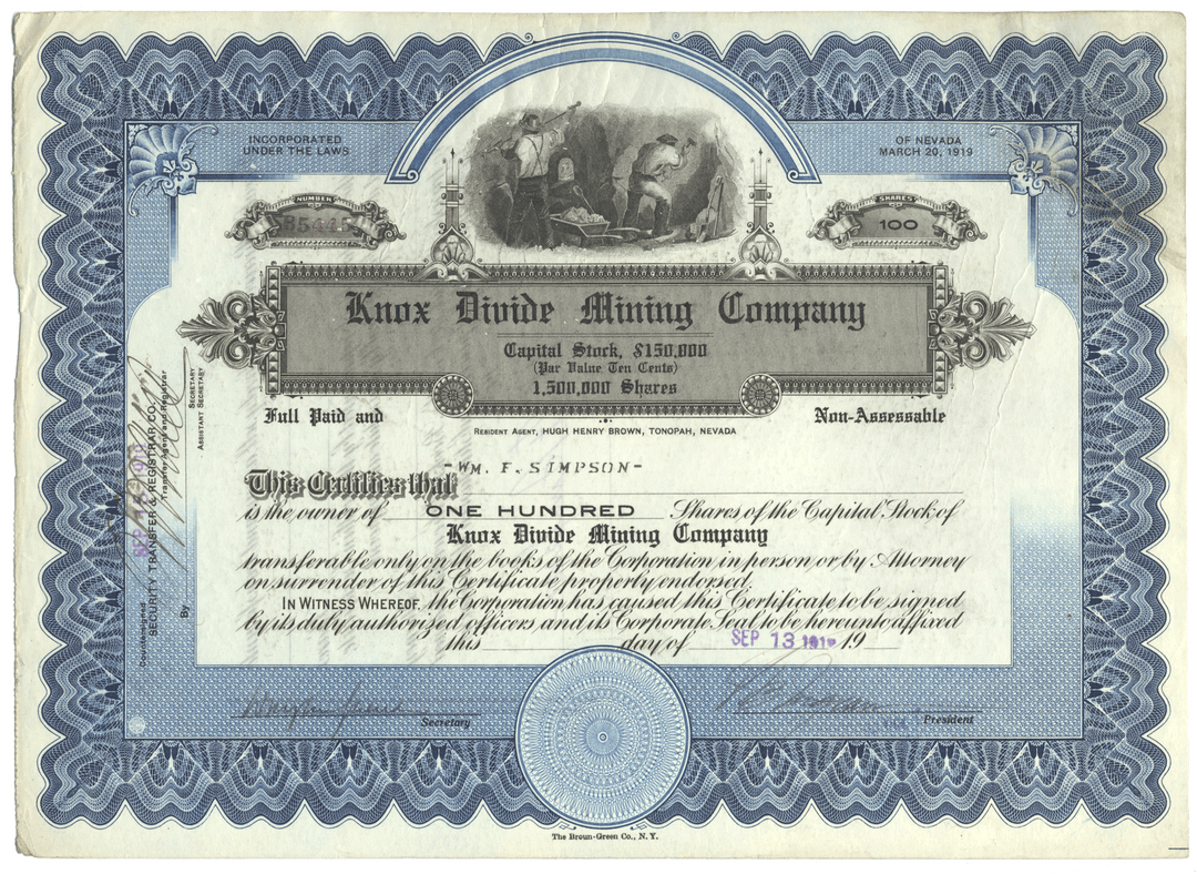 Vintage stock certificate for Knox Divide Mining Company with decorative border and text.