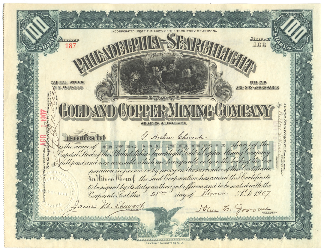 Philadelphia - Searchlight Gold and Copper Mining Company Stock Certificate