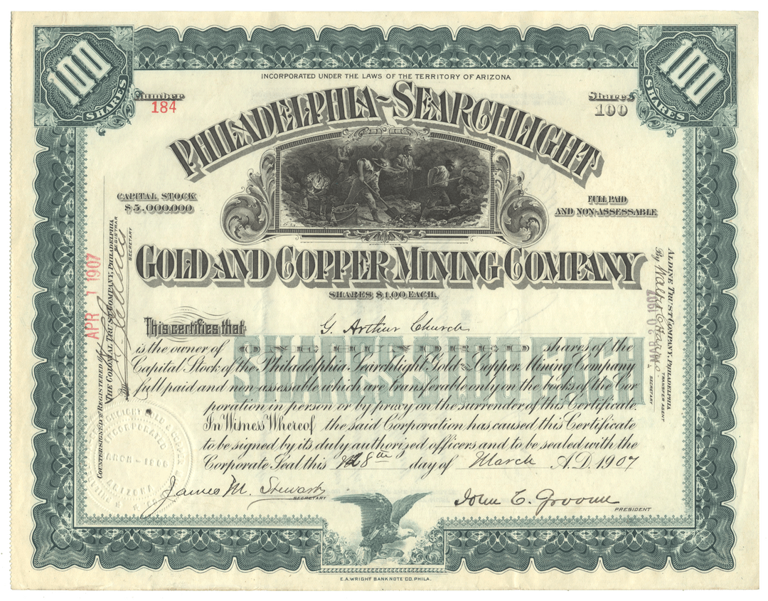 Share certificate of the Philadelphia Searchlight Gold and Copper Mining Company from 1927
