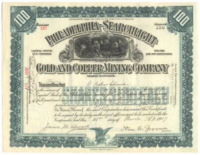 Philadelphia - Searchlight Gold and Copper Mining Company Stock Certificate