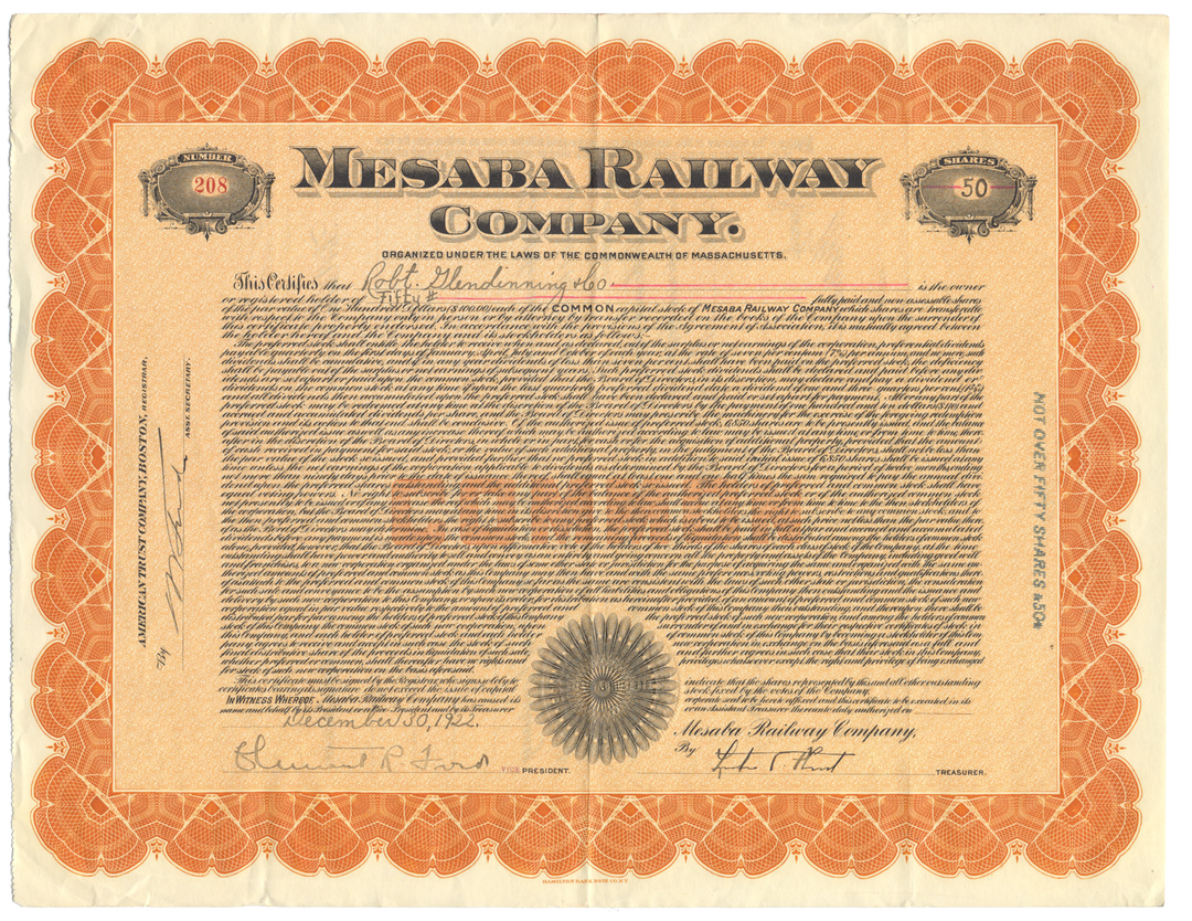 Mesaba Railway Company Stock Certificate