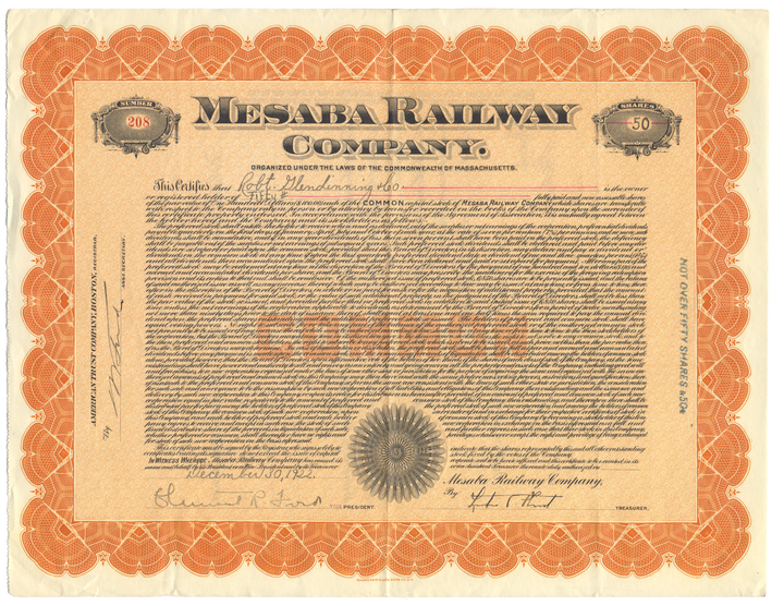 Mesaba Railway Company Stock Certificate