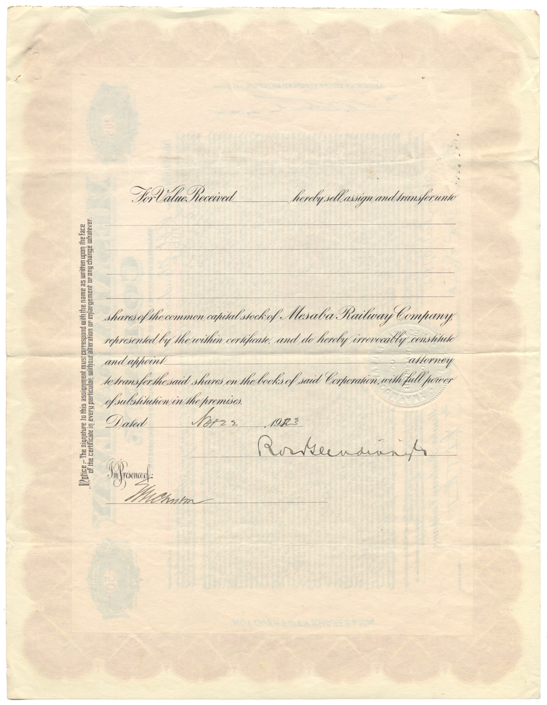 Mesaba Railway Company Stock Certificate