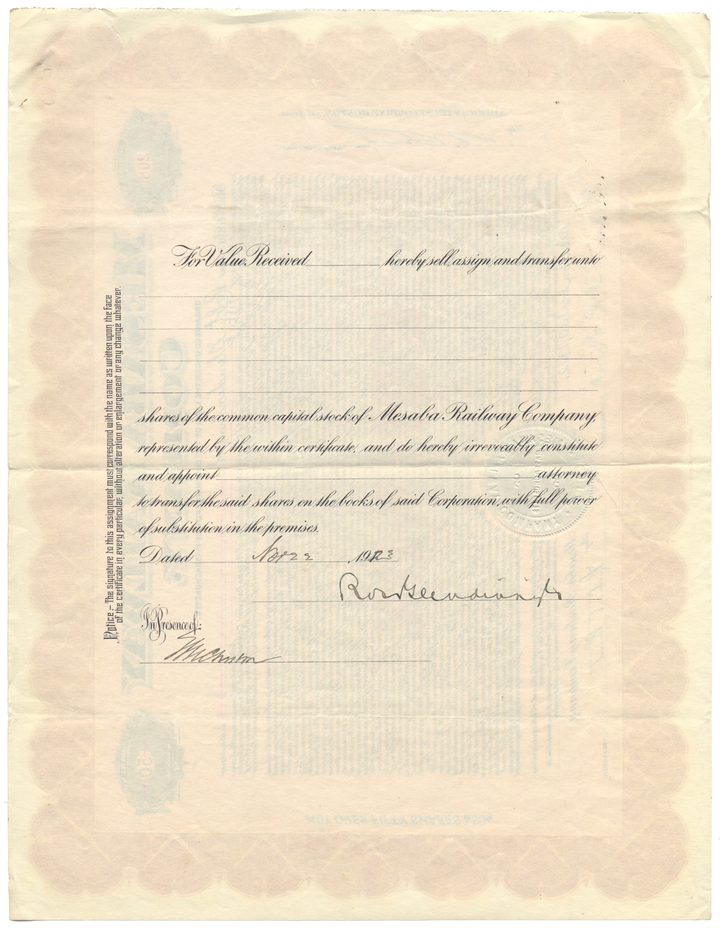 Mesaba Railway Company Stock Certificate