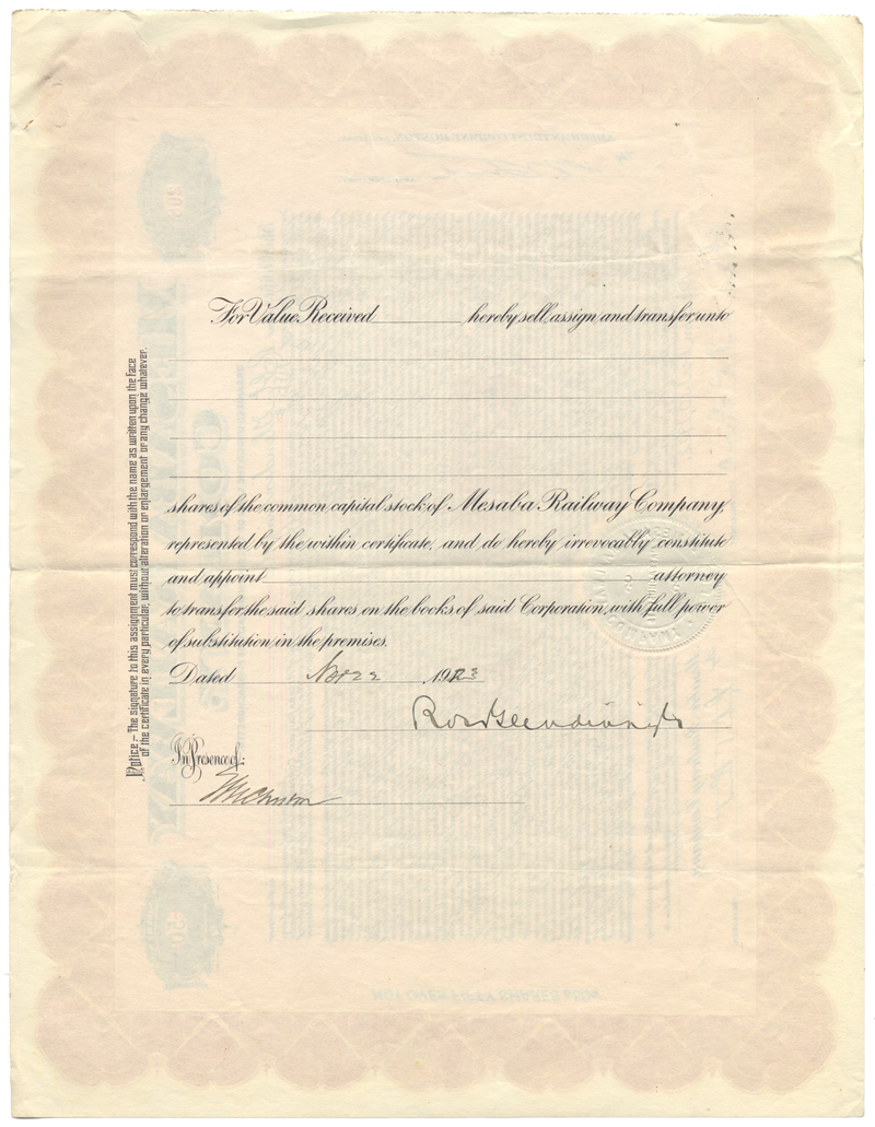 Mesaba Railway Company Stock Certificate