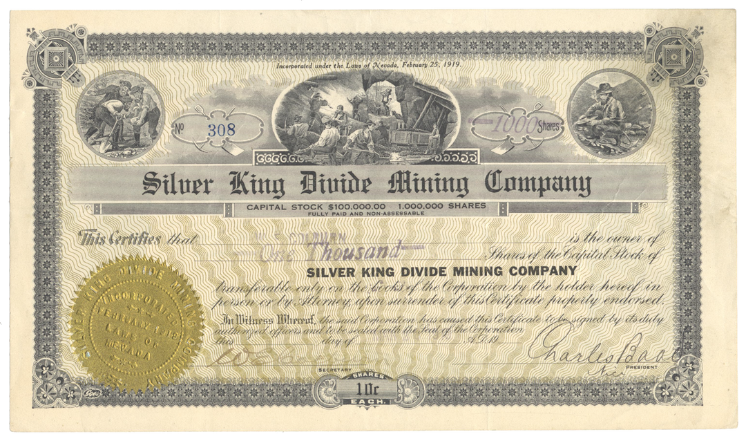 Silver King Divide Mining Company Stock Certificate