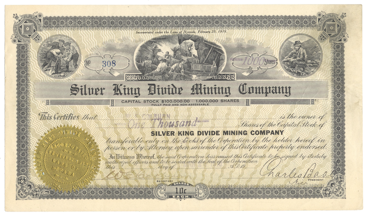 Silver King Divide Mining Company Stock Certificate