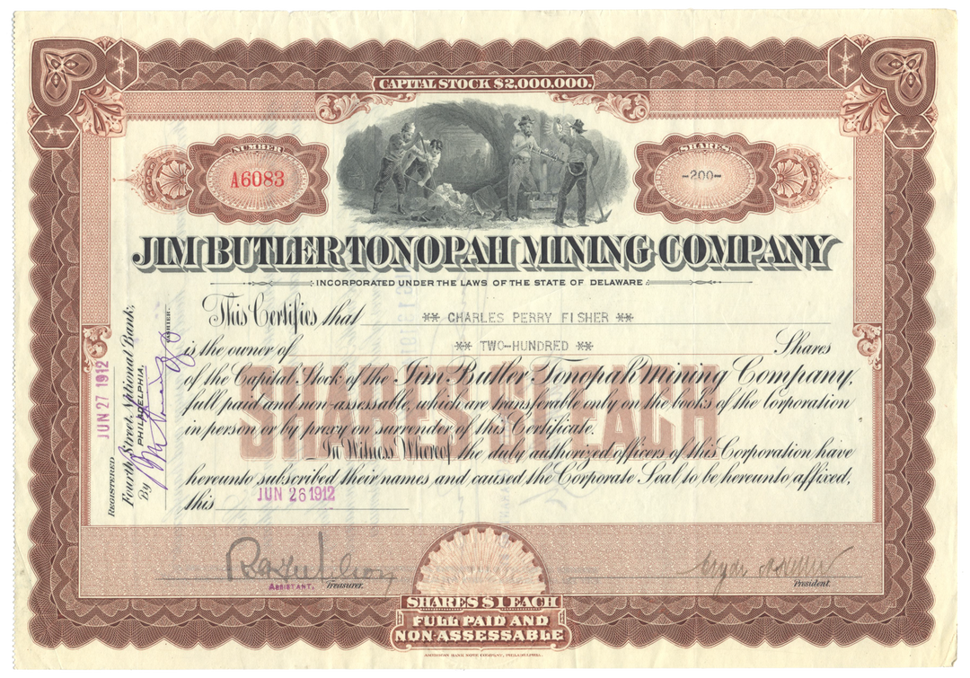 Jim Butler Tonopah Mining Company Stock Certificate