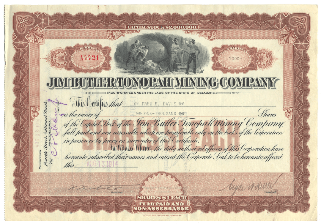 Jim Butler Topah Mining Company stock certificate with decorative elements