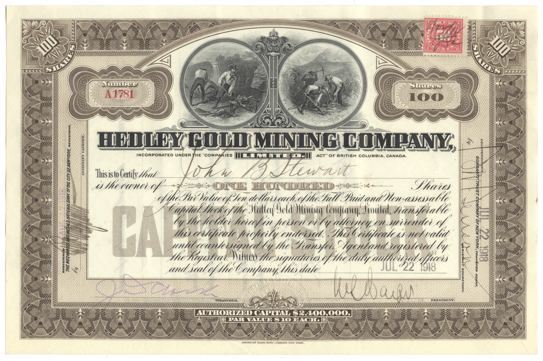 Historical stock certificate of the Hedley Gold Mining Company with decorative elements and text.