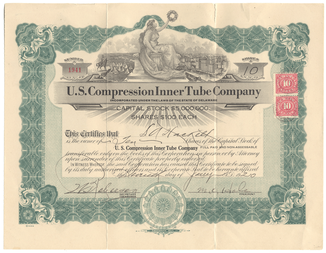 Vintage stock certificate of U.S. Compression Inner Tube Company with decorative elements.