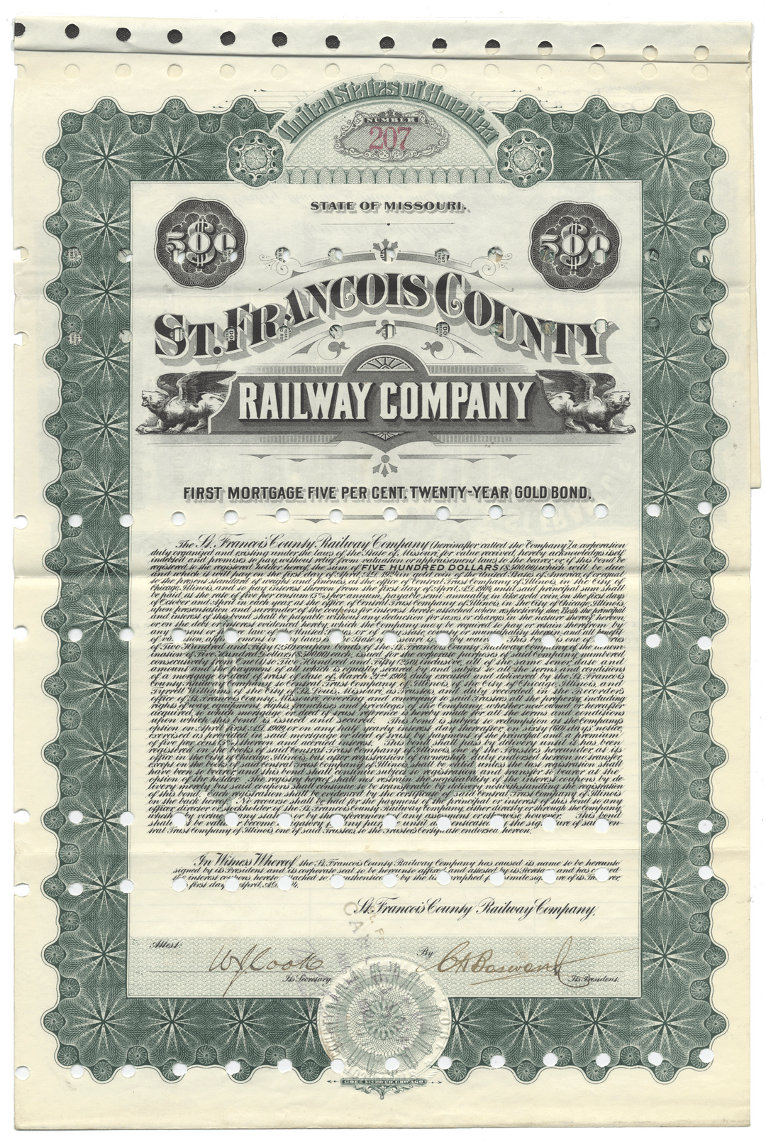 St. Francois County Railway Company bond certificate with decorative border