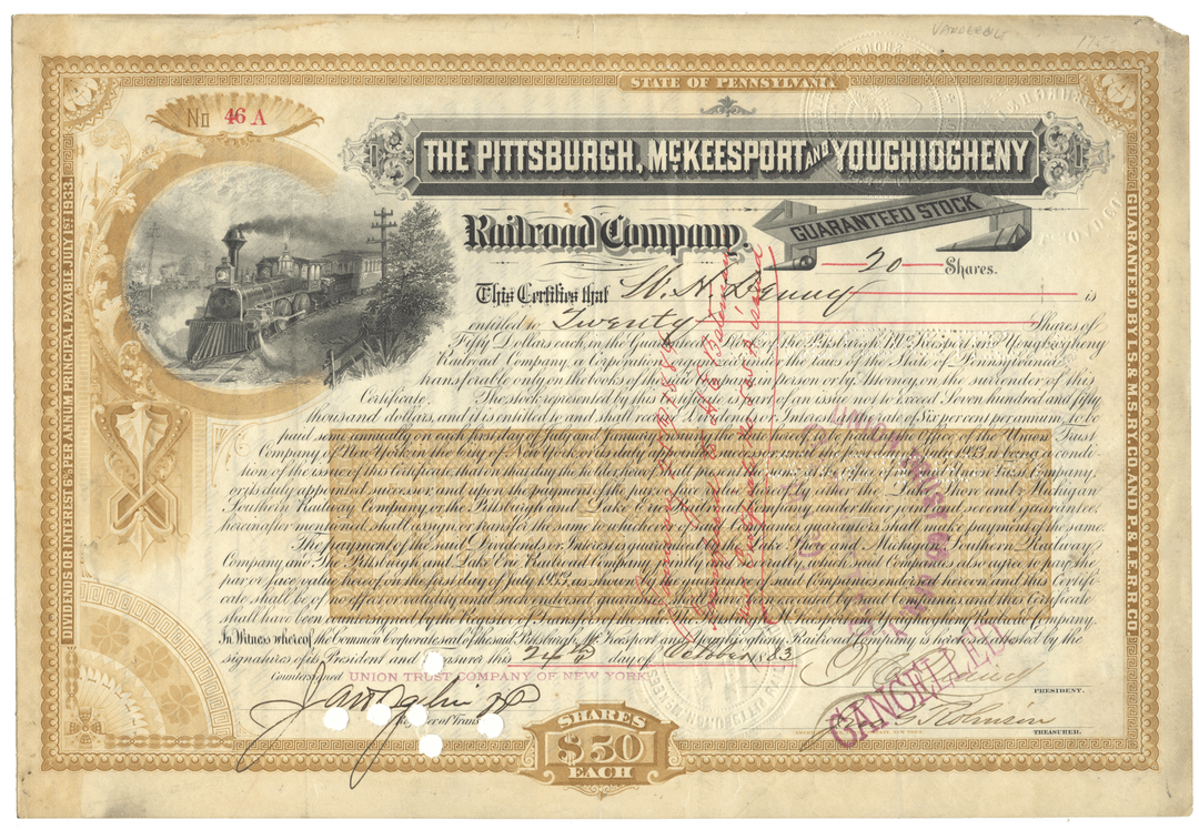 Pittsburgh, McKeesport and Youghiogheny Railroad Company stock certificate Signed by Frederick W. Vanderbilt from 1883