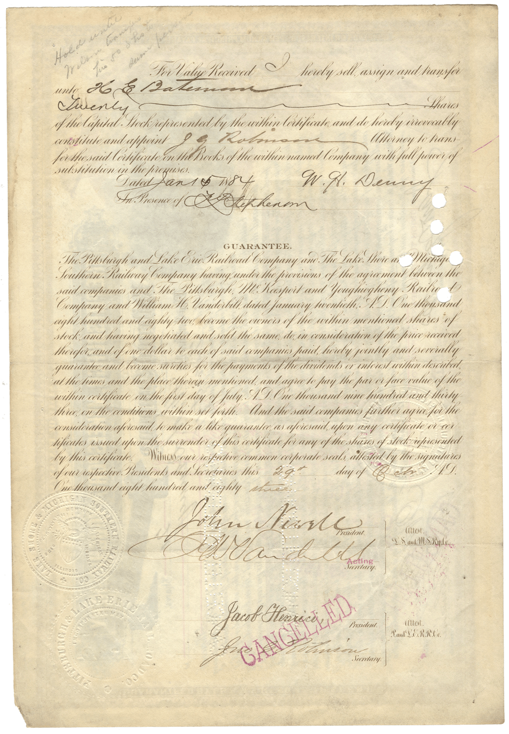 Pittsburgh, McKeesport and Youghiogheny Railroad Company stock certificate Signed by Frederick W. Vanderbilt from 1883