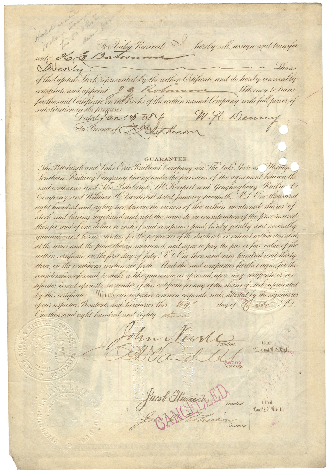 Pittsburgh, McKeesport and Youghiogheny Railroad Company stock certificate Signed by Frederick W. Vanderbilt from 1883