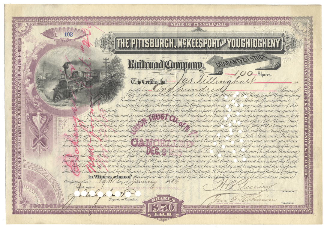 Vintage stock certificate for the Pittsburgh, McKeesport & Youghiogheny Railroad Company dated 1884