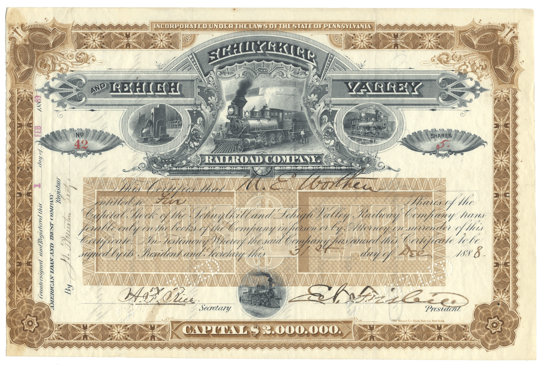 Vintage stock certificate for Schuylkill Valley Railroad Company with decorative elements and text.