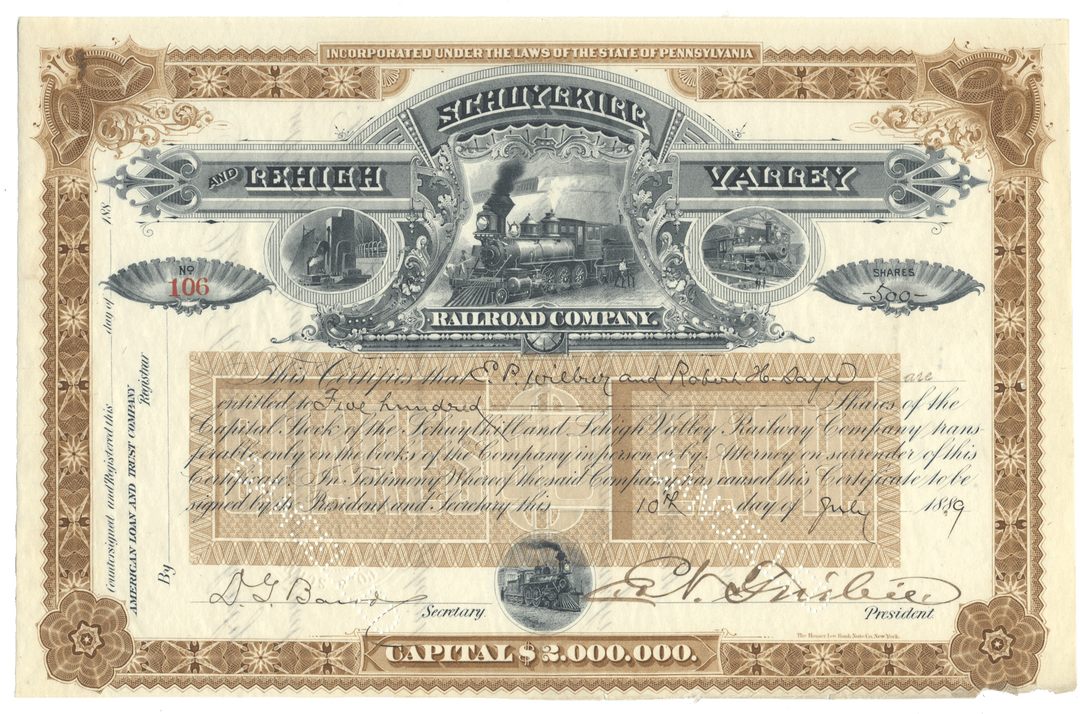 Schuylkill and Lehigh Valley Railroad Company Stock Certificate
