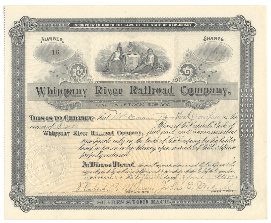 Whippany River Railroad Company stock certificate from 1896