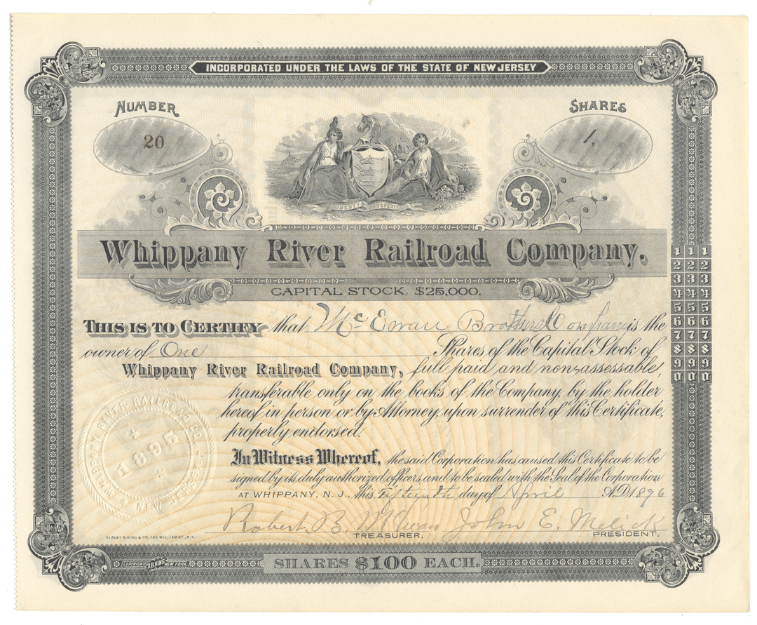 Whippany River Railroad Company stock certificate from 1896.