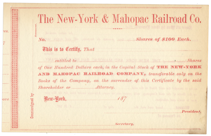 New-York and Mahopac Railroad Company Stock Certificate Stock Certificate