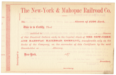 New-York and Mahopac Railroad Company Stock Certificate Stock Certificate