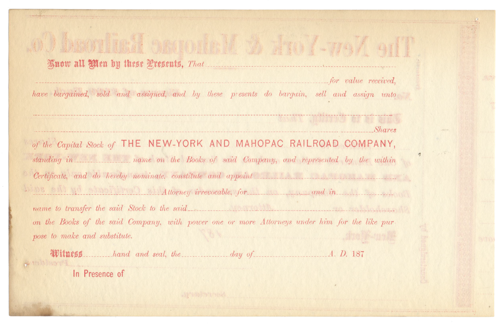 New-York and Mahopac Railroad Company Stock Certificate Stock Certificate