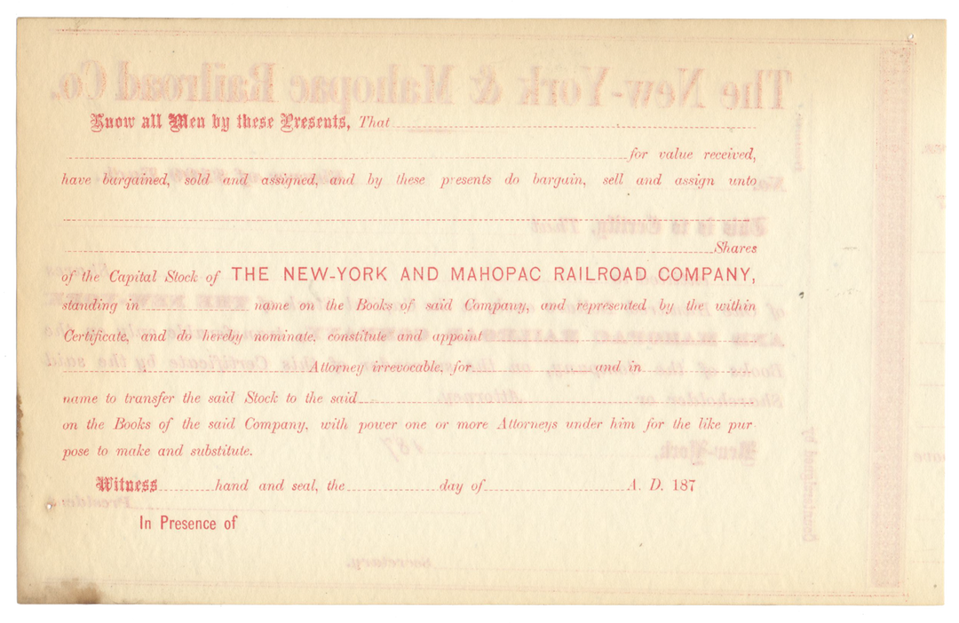 New-York and Mahopac Railroad Company Stock Certificate Stock Certificate