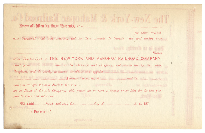 New-York and Mahopac Railroad Company Stock Certificate Stock Certificate