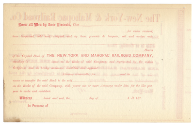 New-York and Mahopac Railroad Company Stock Certificate Stock Certificate