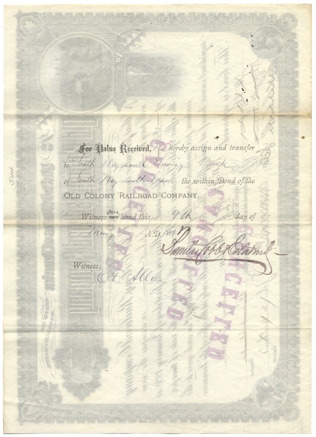 Old Colony Railroad Company Bond Certificate