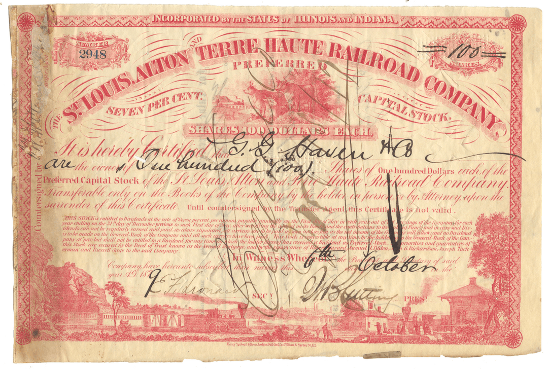 Vintage stock certificate from the St. Louis, Alton & Terre Haute Railroad Company from 1879