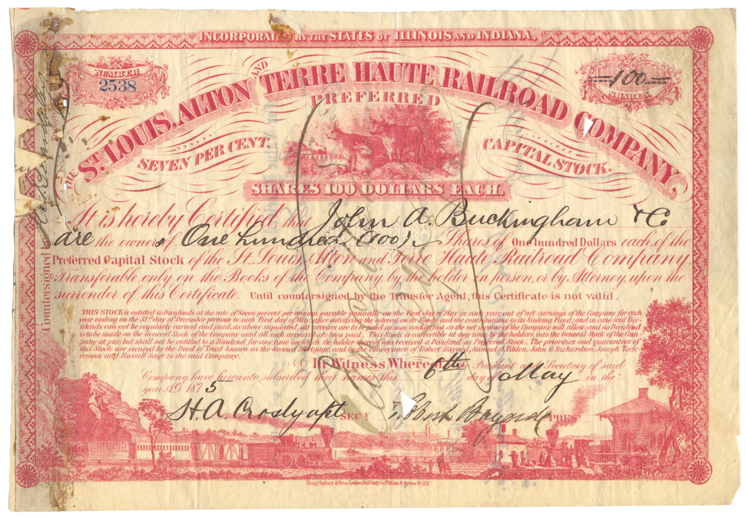 St. Louis, Alton and Terre Haute Railroad Company Stock Certificate