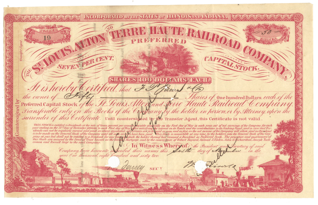 Stock certificate of the St. Louis, Alton and Terre Haute Railroad Company from 1862