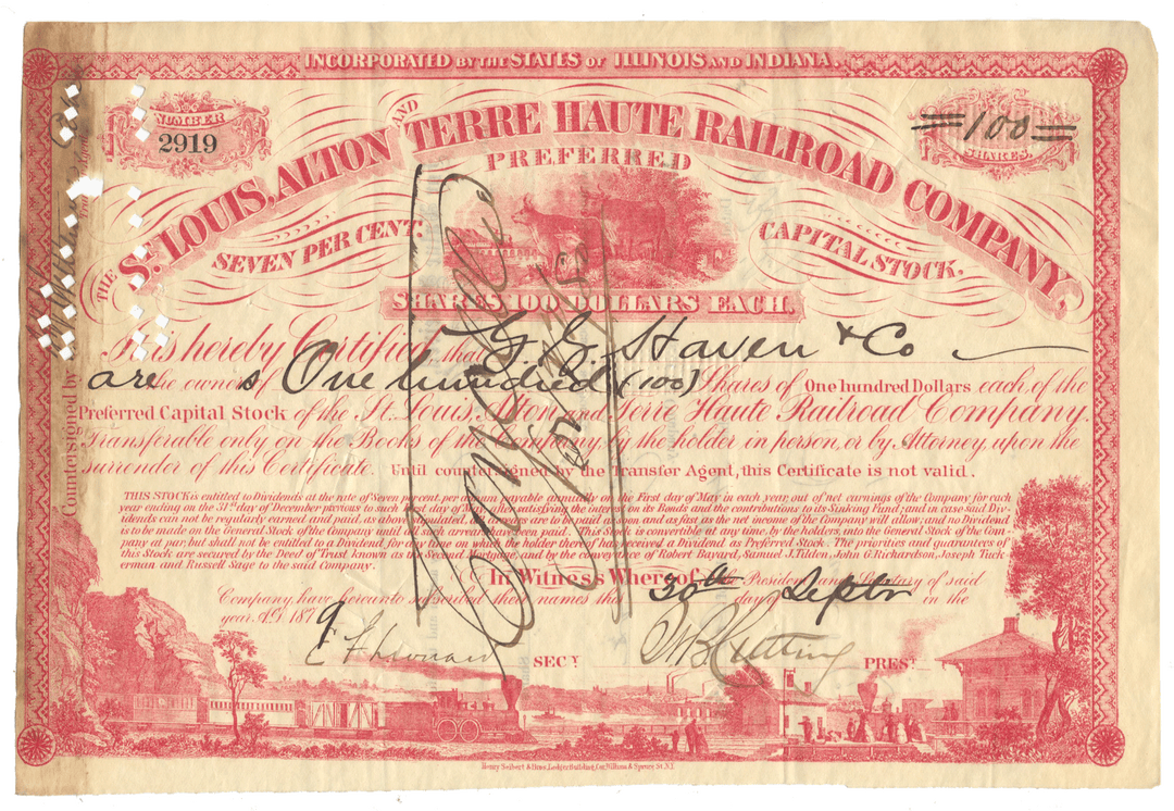 Vintage stock certificate for the St. Louis, Alton & Terre Haute Railroad Company from 1879