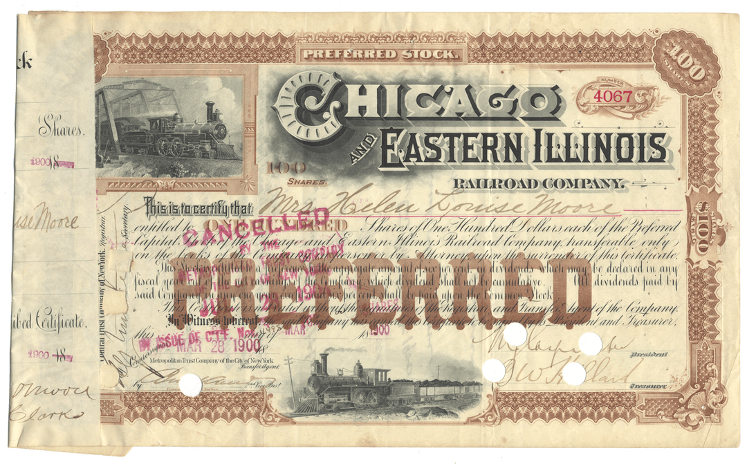 Vintage stock certificate for the Chicago and Eastern Illinois Railroad Company with train illustrations from 1900